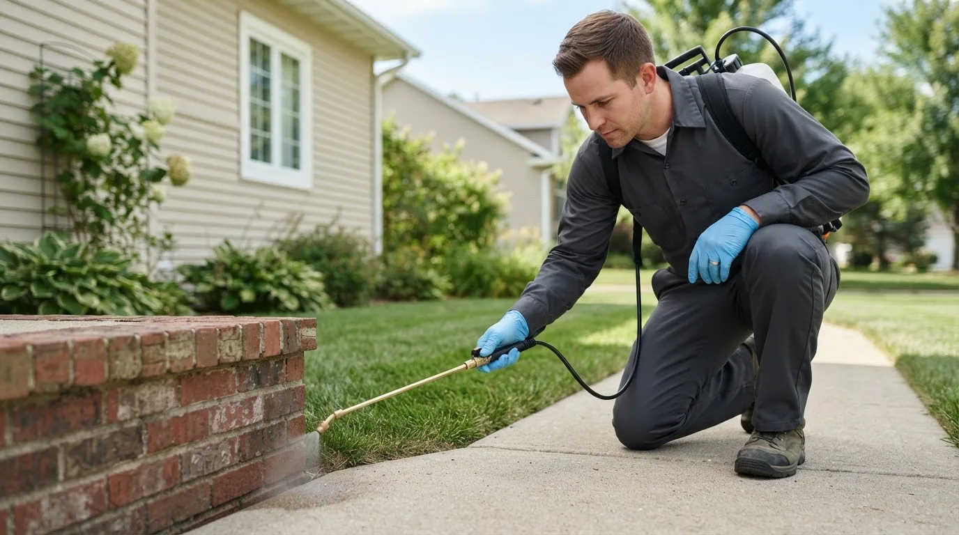 Pest control technician treating a home near Middlefield, OH