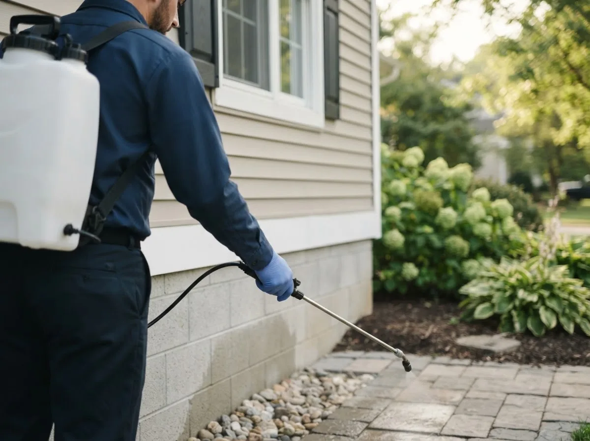 Pest control technician inspecting a home in Middlefield, OH